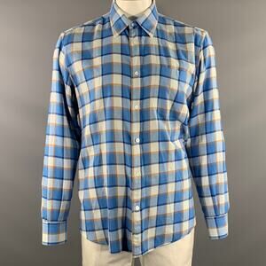 FRAY Size L Blue Orange & White Plaid Cotton Pointed Collar Long Sleeve Shirt